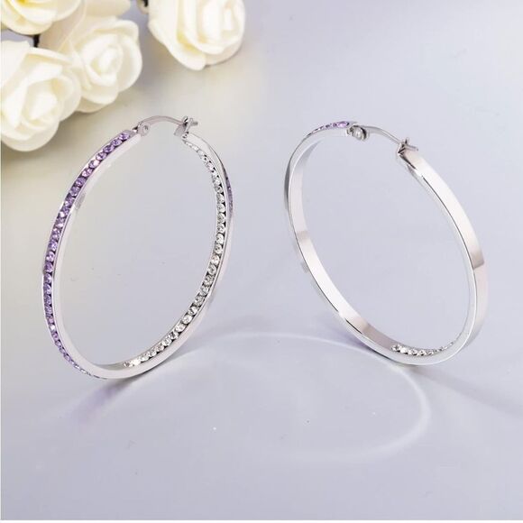 14K White Gold with Purple Amethyst and Diamond Cubic Zirconia Big Hoop Earrings - Picture 4 of 6